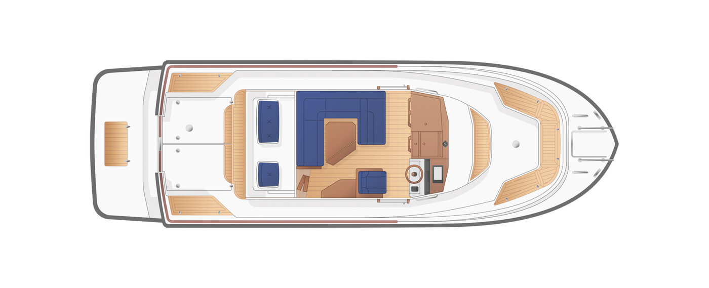 Targa 32: схема главной палубы — рубка, камбуз, диван, кормовая палуба и носовой лаундж
