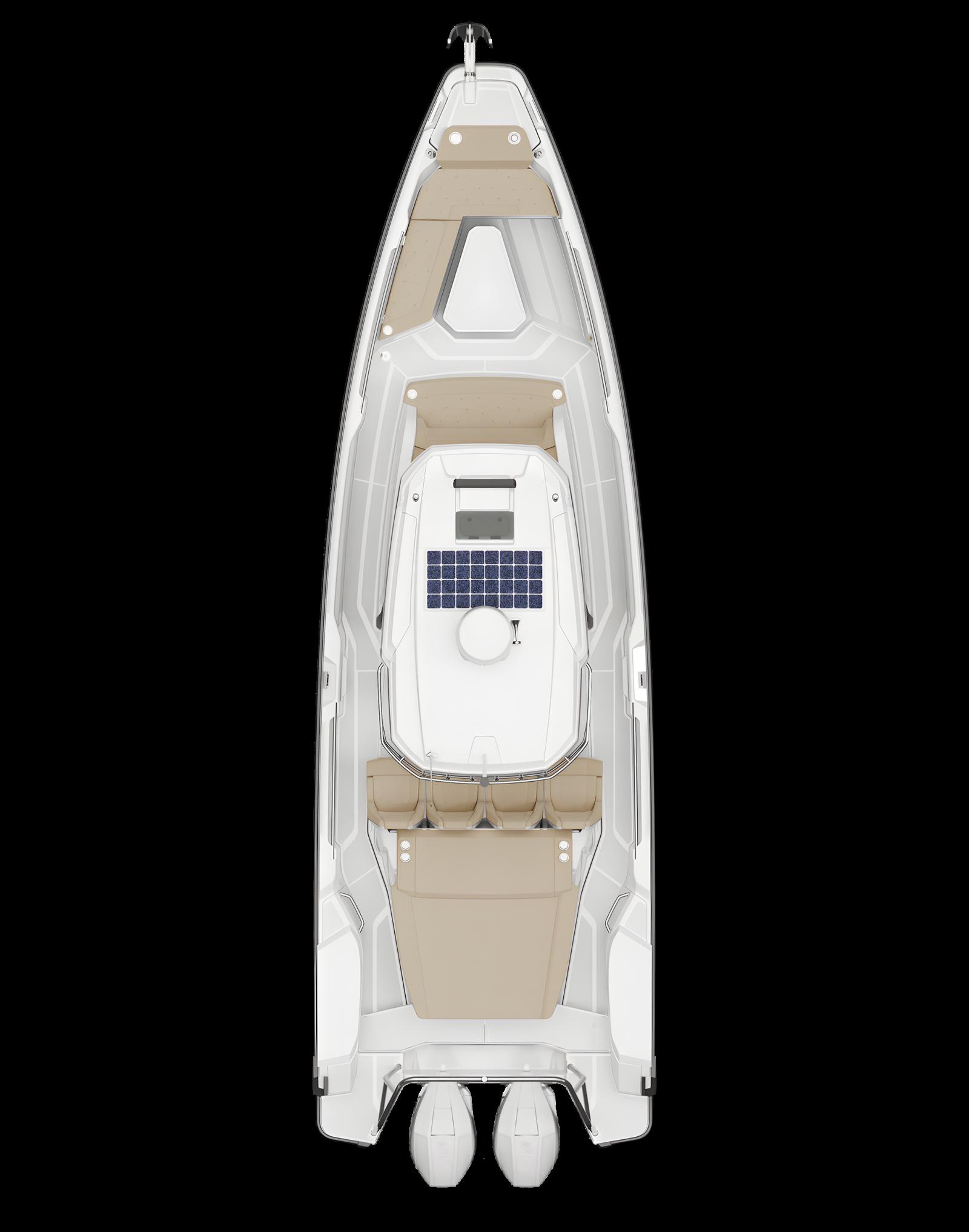 Заводская схема 29 CCX: кормовая каюта, носовой L-диван и стол; вариант исполнения.