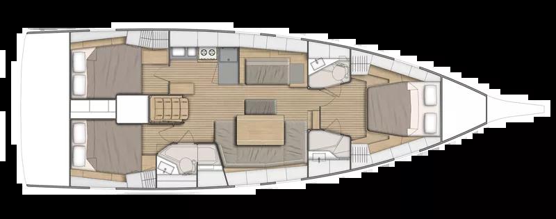 План Oceanis 46.1: три каюты и два санузла.
