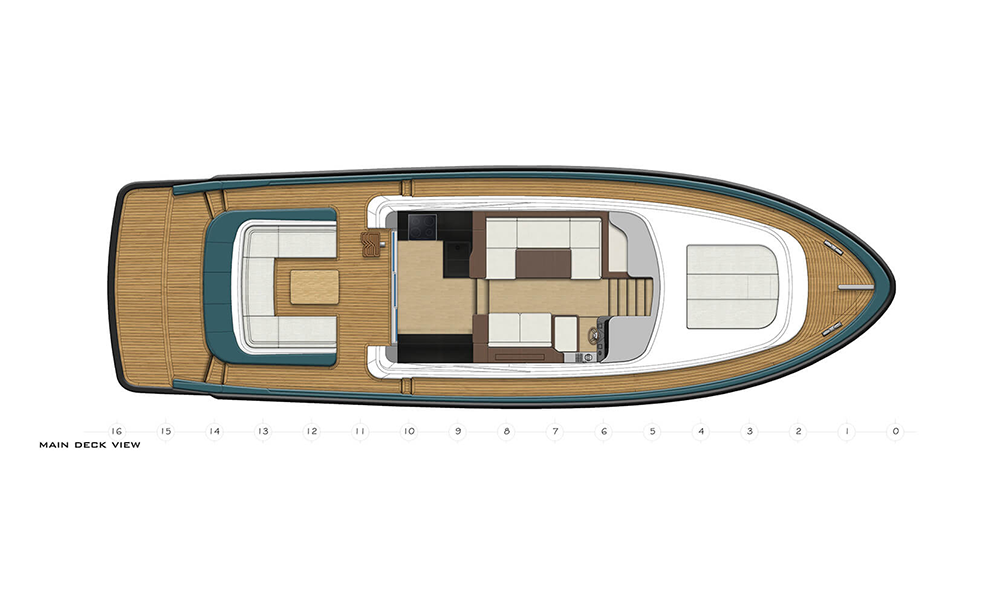 Deep Yacht Fly 52: две каюты, флайбридж и пространство для жизни Официальная схема главной палубы Deep Fly 52. Материалы Deep Yacht; комплектация конкретного корпуса уточняется.