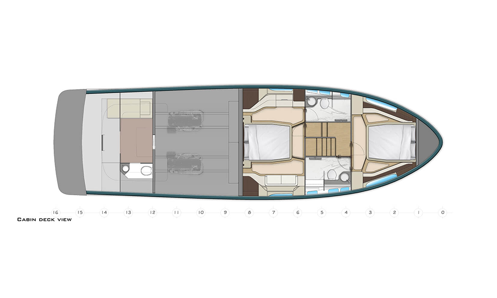 Deep Yacht Fly 52: две каюты, флайбридж и пространство для жизни Официальная схема нижней палубы Deep Fly 52: две каюты и кормовое помещение экипажа. Материалы Deep Yacht; комплектация конкретного корпуса уточняется.