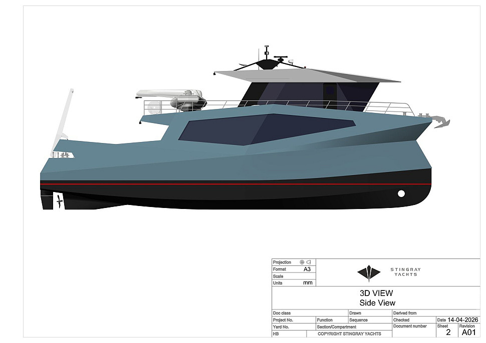 Трое в цеху, не считая инспектора Mantis 75 — исследовательский катамаран, построенный по методу ORIGAMI
