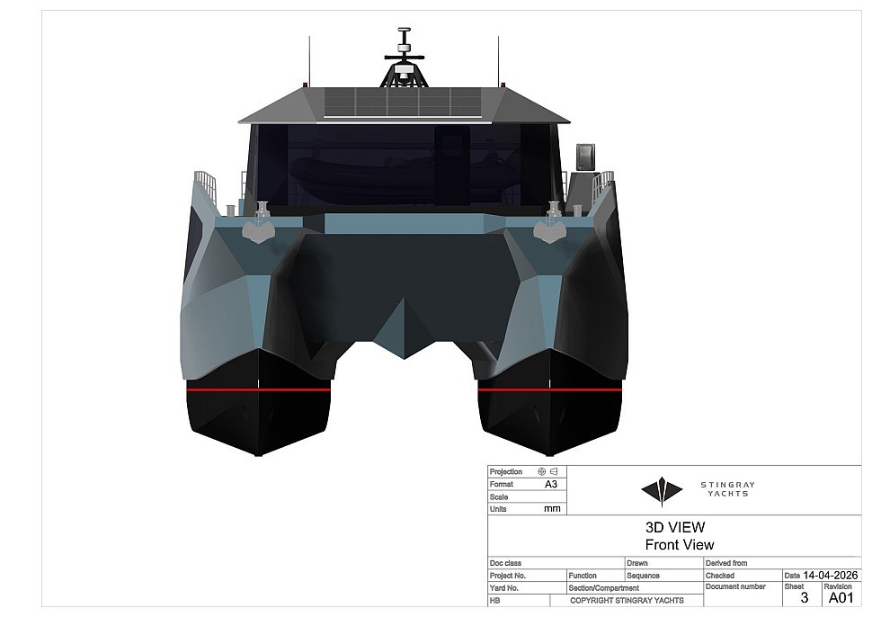 Трое в цеху, не считая инспектора Mantis 75 — исследовательский катамаран, построенный по методу ORIGAMI