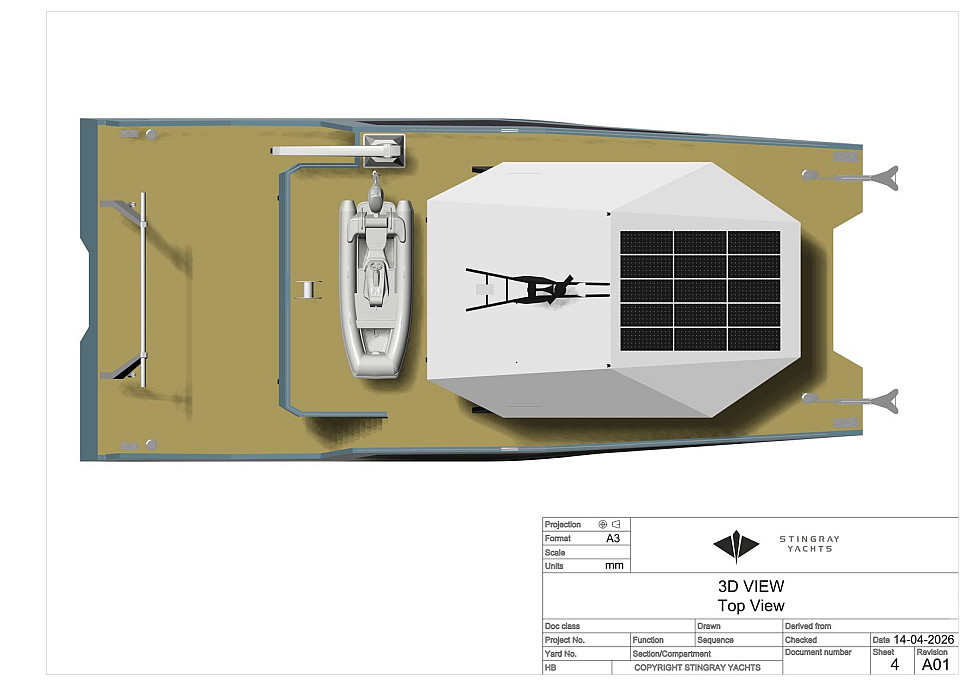 Трое в цеху, не считая инспектора Mantis 75 — исследовательский катамаран, построенный по методу ORIGAMI
