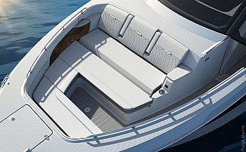 Sea Ray: Sundancer 370 Outboard: носовой диван (визуализация верфи)